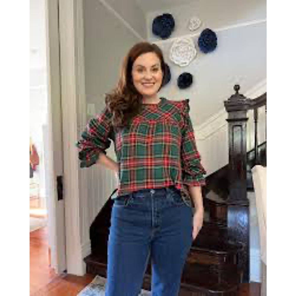 She + Sky Ruffled Green Tartan Plaid Long Sleeve Blouse Top Small Babydoll - Picture 2 of 8